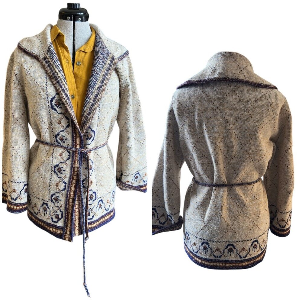 Vintage 1970s Tiki Cardigan Wintuk Sabra Size S/M Aztec Bohemian with Belt